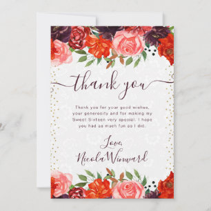 Orange and Brown Autumnal Flowers Sweet 16 Thank You Card