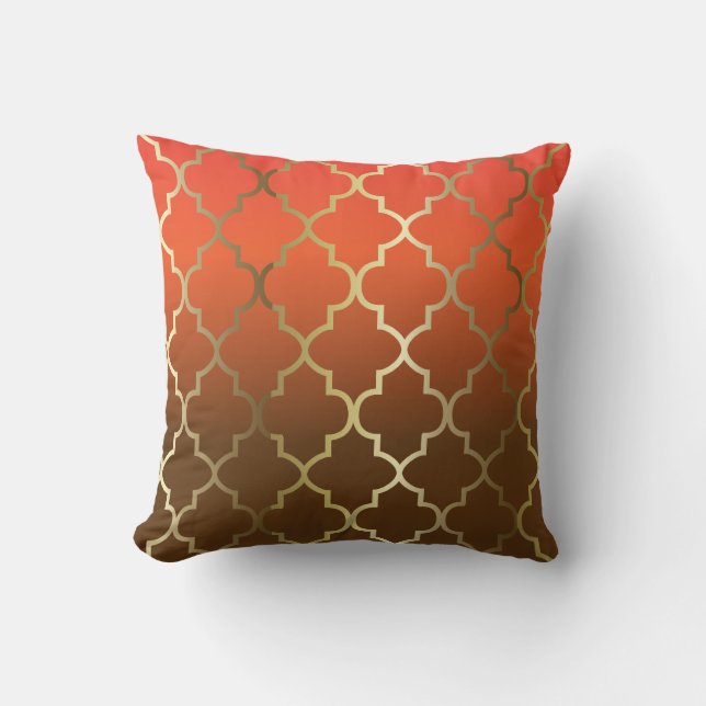 Orange and Brown Blend | Gold Quatrefoil Pattern Throw Pillow (Front)