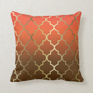 Orange and Brown Blend   Gold Quatrefoil Pattern Throw Pillow