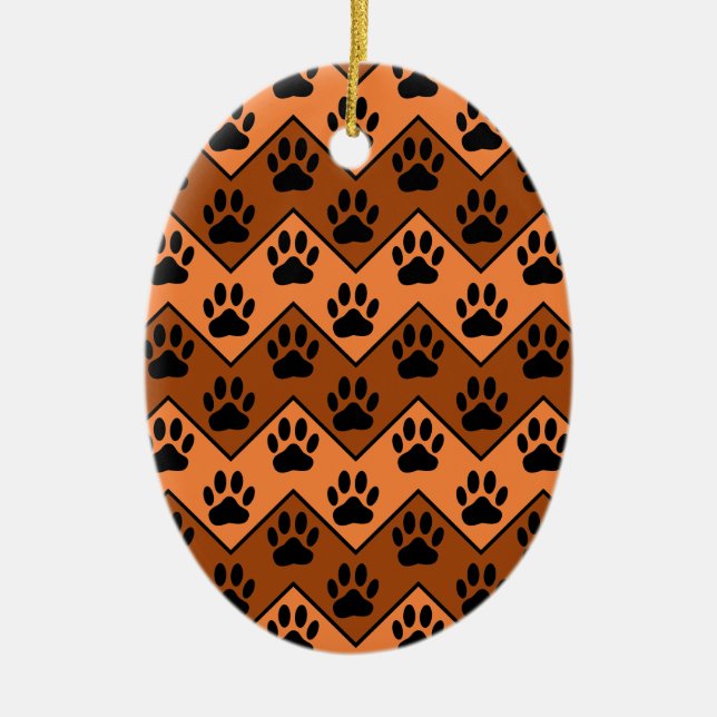 Orange And Brown Chevron With Dog Paw Pattern Ceramic Ornament (Front)