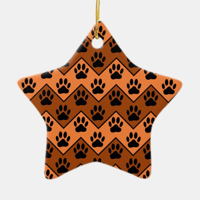 Orange And Brown Chevron With Dog Paw Pattern Ceramic Ornament (Front)