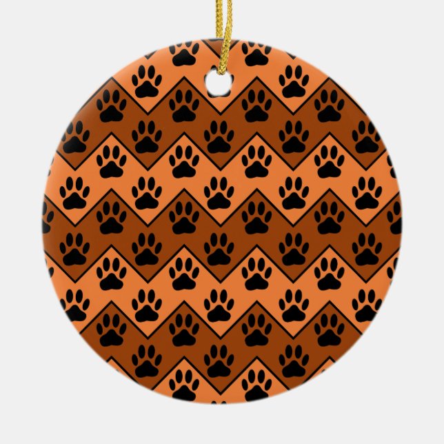 Orange And Brown Chevron With Dog Paw Pattern Ceramic Ornament (Front)