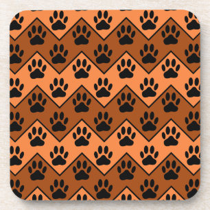 Orange And Brown Chevron With Dog Paw Pattern Coaster