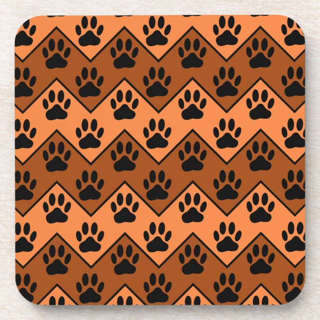 Orange And Brown Chevron With Dog Paw Pattern Coaster (Front)