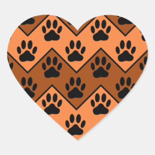 Orange And Brown Chevron With Dog Paw Pattern Heart Sticker