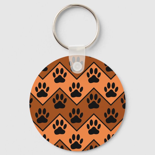 Orange And Brown Chevron With Dog Paw Pattern Keychain (Front)
