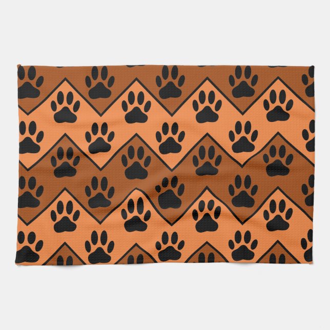 Orange And Brown Chevron With Dog Paw Pattern Kitchen Towel (Horizontal)
