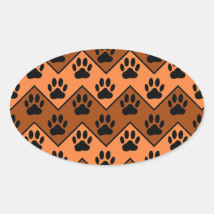 Orange And Brown Chevron With Dog Paw Pattern Oval Sticker