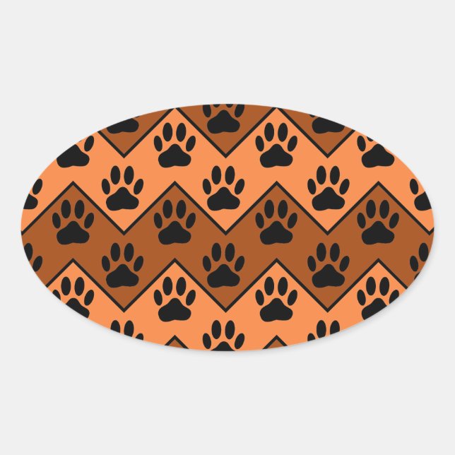 Orange And Brown Chevron With Dog Paw Pattern Oval Sticker (Front)