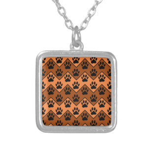 Orange And Brown Chevron With Dog Paw Pattern Silver Plated Necklace