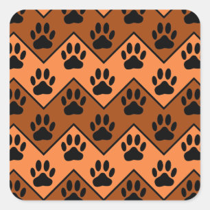 Orange And Brown Chevron With Dog Paw Pattern Square Sticker