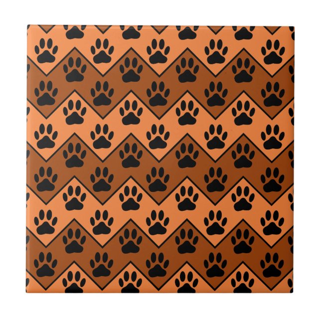 Orange And Brown Chevron With Dog Paw Pattern Tile (Front)