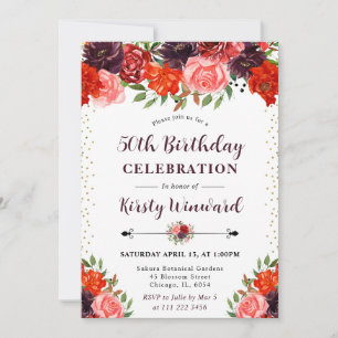 Orange and Brown Fall Flowers 50th Birthday Invitation