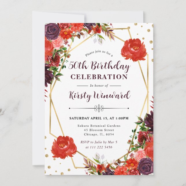 Orange and Brown Fall Flowers 50th Birthday Invitation (Front)