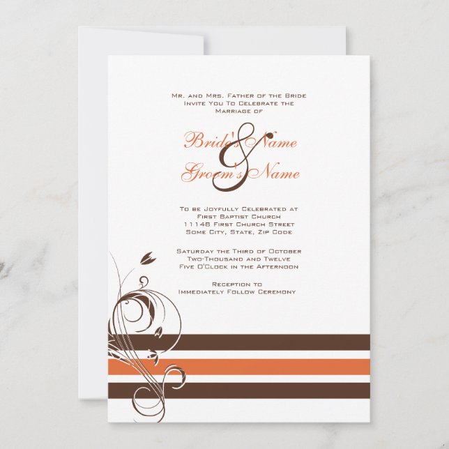Orange and Brown Floral Bars Wedding Invitation (Front)