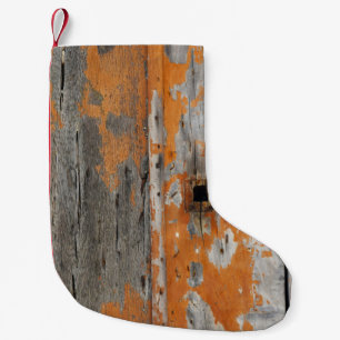 Orange and brown wooden board small christmas stocking
