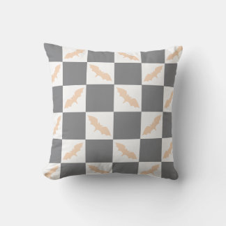 Orange and Charcoal Bat Chequerboard Throw Pillow