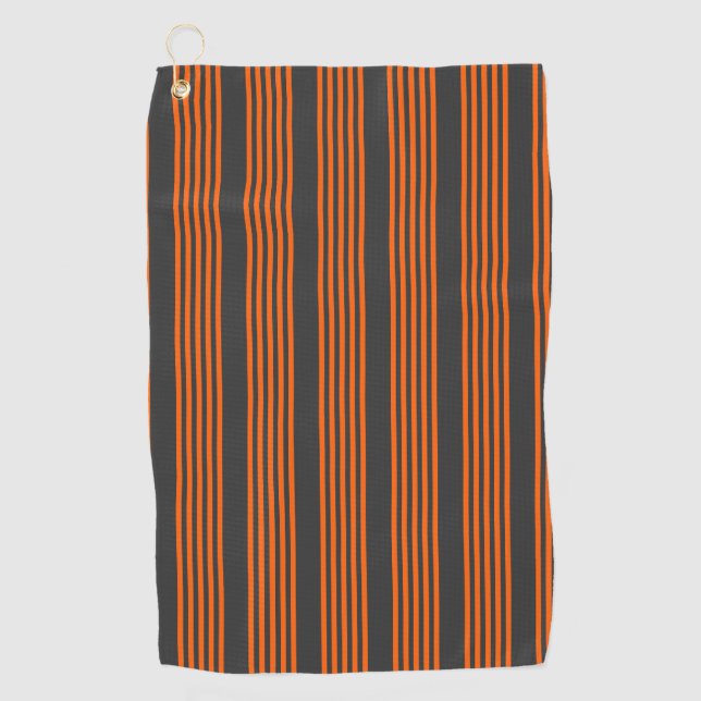 Orange and charcoal five stripes pattern golf towel (Front)