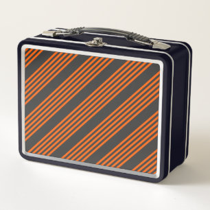 Orange and charcoal five stripes pattern metal lunch box