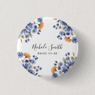 Orange and Cobalt Blue Floral Bride To Be 1 Inch Round Button