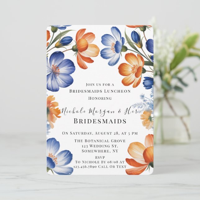 Orange and Cobalt Blue Floral Bridesmaids Luncheon Invitation (Standing Front)
