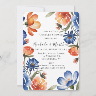 Orange and Cobalt Blue Floral Couples Shower Invitation