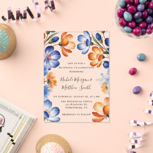 Orange and Cobalt Blue Floral Wedding Celebration Acrylic Invitations (Insitu (Celebration))