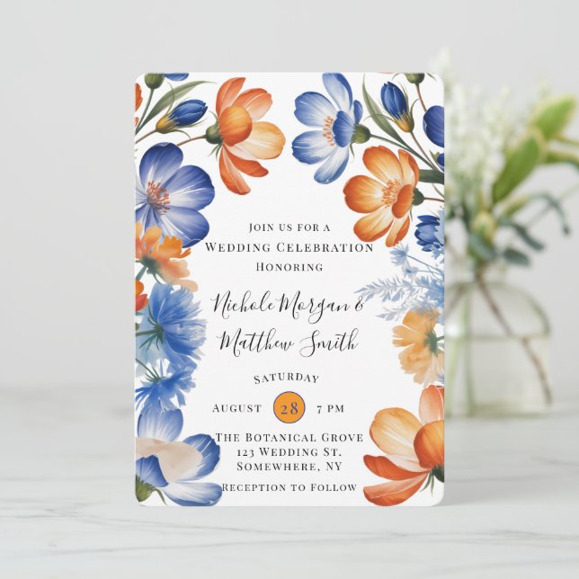 Orange and Cobalt Blue Floral Wedding Celebration Invitation (Standing Front)