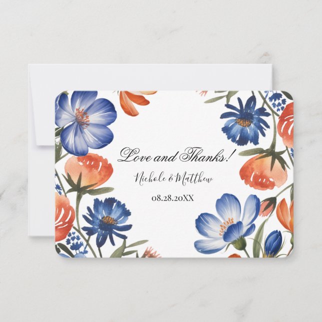 Orange and Cobalt Blue Floral Wedding Thank You Card (Front)