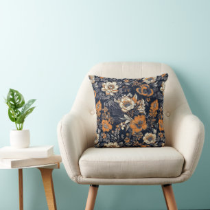 Orange and Cream Batik Florals on Black Background Throw Pillow