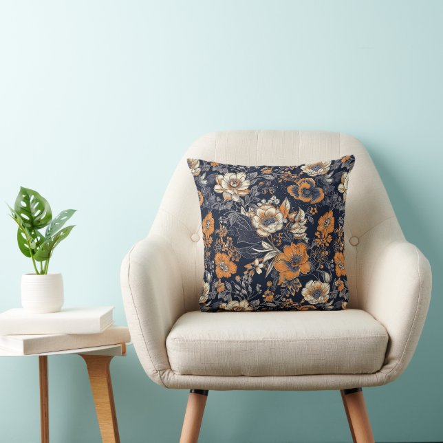 Orange and Cream Batik Florals on Black Background Throw Pillow (Chair)