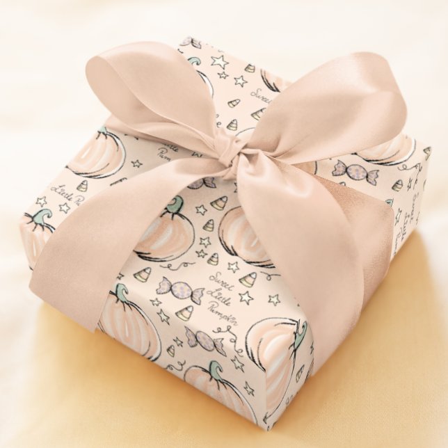 Orange and Cream Sweet Little Pumpkin Baby Wrapping Paper (Cute Pastel Baby Halloween or Autumn Baby Shower Pattern of Orange Pumpkins, Candy, & Little Stars.)
