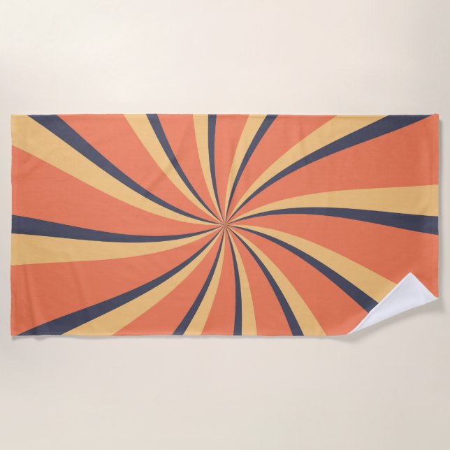 Orange and dark blue retro style sun rays beach towel (Front)