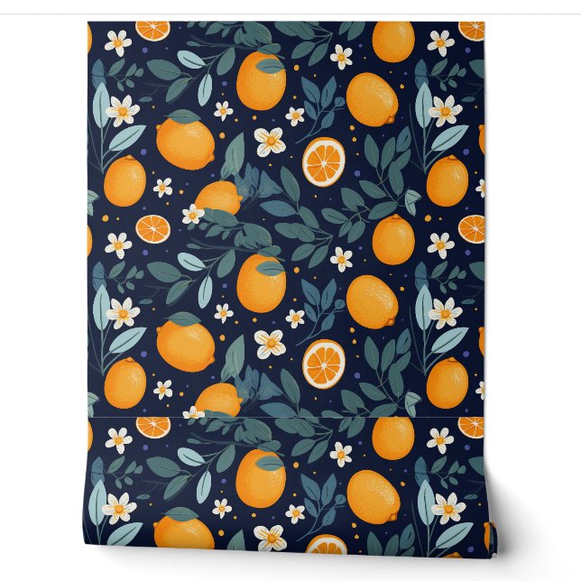Orange and Floral Delight Pattern Wallpaper (Unrolling)