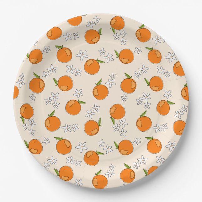 Orange and Flower Pattern Paper Plate (Front)