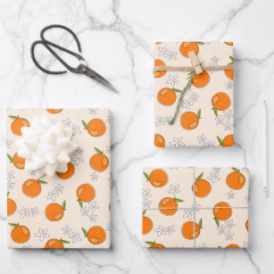 Orange and Flower Pattern Wrapping Paper Sheet