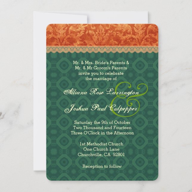 Orange and Forest Green Damask Wedding V09 Invitation (Front)