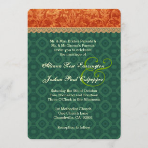 Orange and Forest Green Damask Wedding V09 Invitation