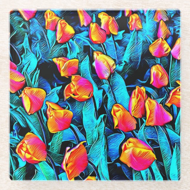 Orange and Gold Artsy Tulips  Glass Coaster (Front)