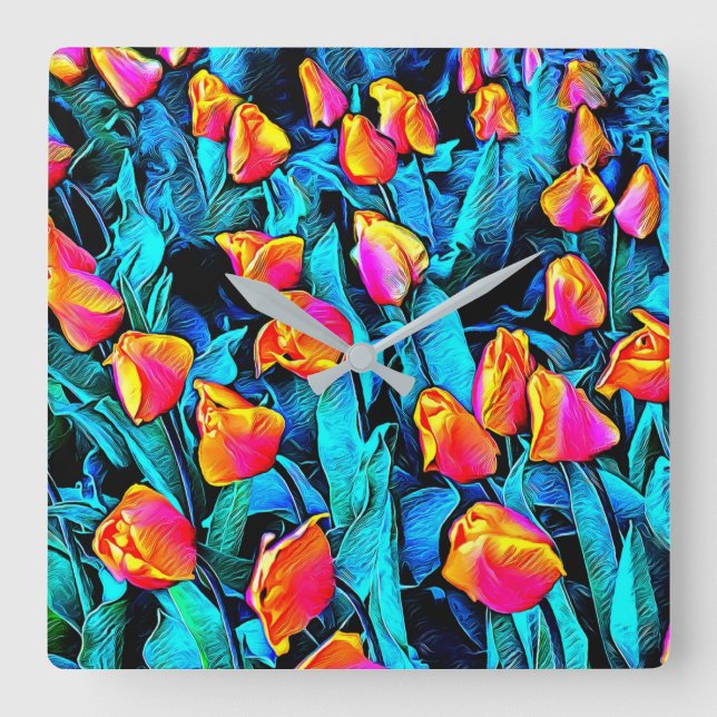 Orange and Gold Artsy Tulips Square Wall Clock (Front)
