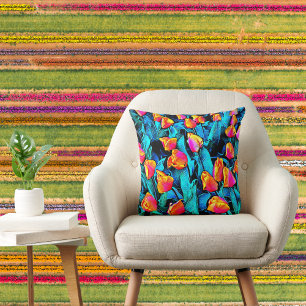 Orange and Gold Artsy Tulips Throw Pillow