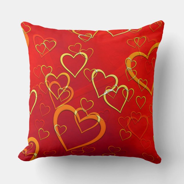 Orange and Gold Hearts on Red Throw Pillow (Front)