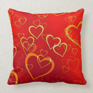 Orange and Gold Hearts on Red Throw Pillow