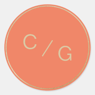 Orange and gold minimalist modern couple monogram classic round sticker
