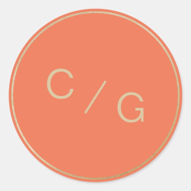 Orange and gold minimalist modern couple monogram classic round sticker (Front)