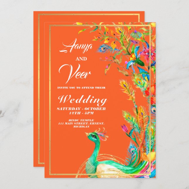 orange and Gold Peacock Indian Wedding Invitation (Front/Back)