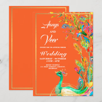 orange and Gold Peacock Indian Wedding Invitation