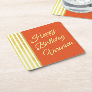 Orange and Gold Personalize Birthday Vintage Look Square Paper Coaster