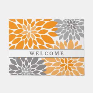 Orange and Gray Chrysanthemums Floral Pattern Doormat