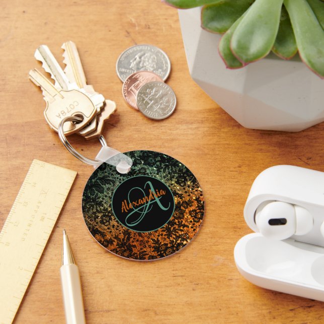  Orange and Green Black Floral Monogram   Keychain (Desk)